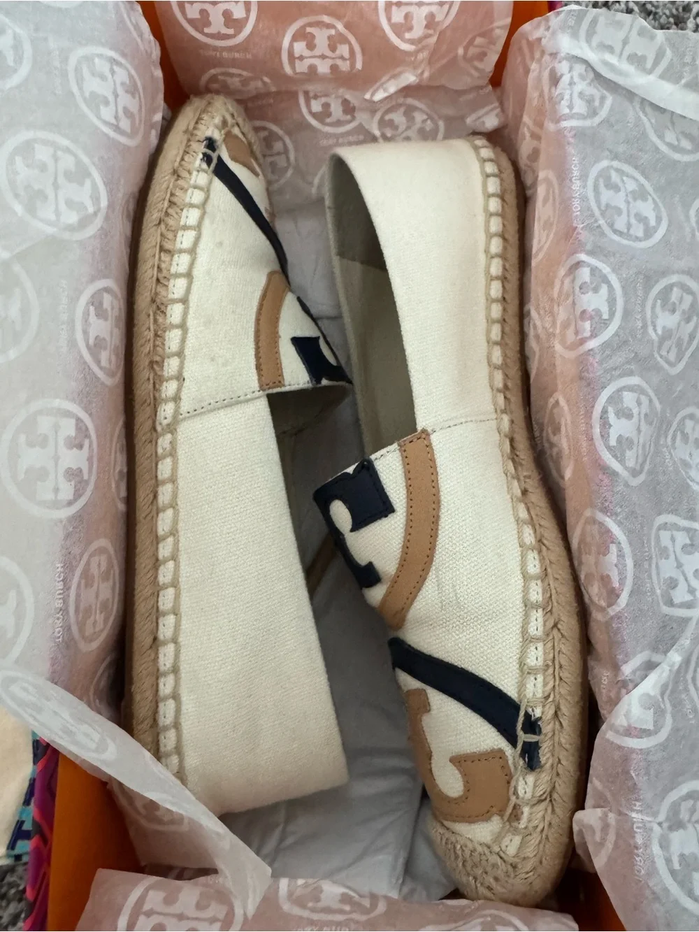 Tory Burch Cream Canvas Espadrilles with Tan and Black Logo